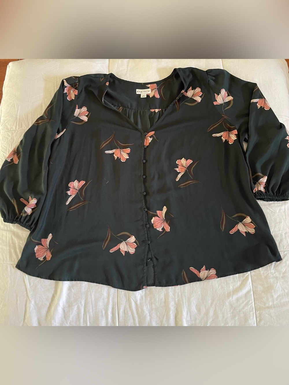 Ava Viv Floral Button Front Blouse Top 4X Plus Size Green Pink Balloon Sleeve